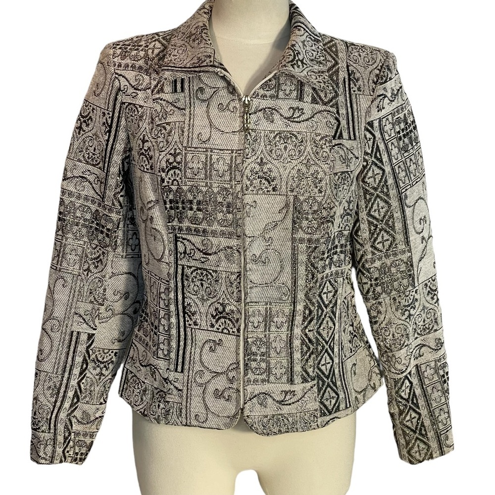 Molly & Maxx Gray Black Metallic Gold Gothic Tapestry Zip Jacket Blazer Sz S